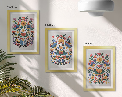 Triptych v ráme Kvetinové vzory v intenzívnych farbách na bielom pozadí