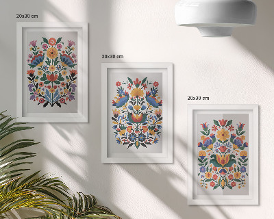 Triptych v ráme Kvetinové vzory v intenzívnych farbách na bielom pozadí