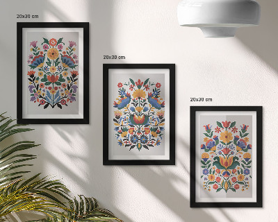 Triptych v ráme Kvetinové vzory v intenzívnych farbách na bielom pozadí