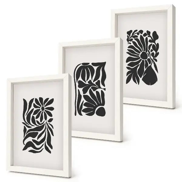 Abstraktné rastlinné vzory v odtieňoch čiernej triptych v ráme