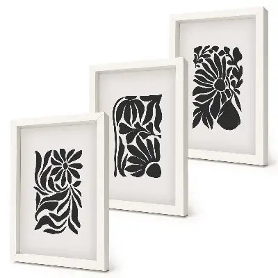Abstraktné rastlinné vzory v odtieňoch čiernej triptych v ráme