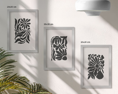 Triptych v ráme Abstraktné rastlinné vzory v odtieňoch čiernej