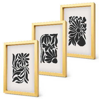 Triptych v ráme Abstraktné rastlinné vzory v odtieňoch čiernej