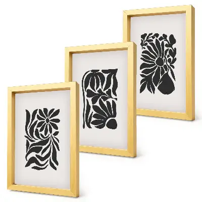 Abstraktné rastlinné vzory v odtieňoch čiernej triptych v ráme