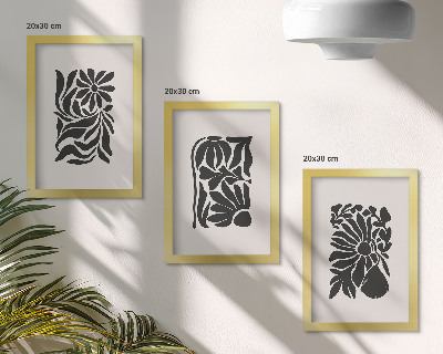 Triptych v ráme Abstraktné rastlinné vzory v odtieňoch čiernej