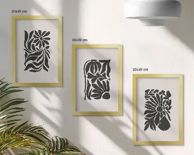 Abstraktné rastlinné vzory v odtieňoch čiernej triptych v ráme