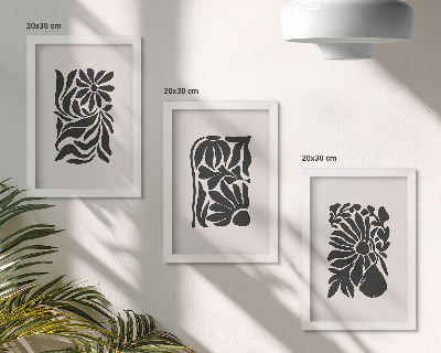 Triptych v ráme Abstraktné rastlinné vzory v odtieňoch čiernej