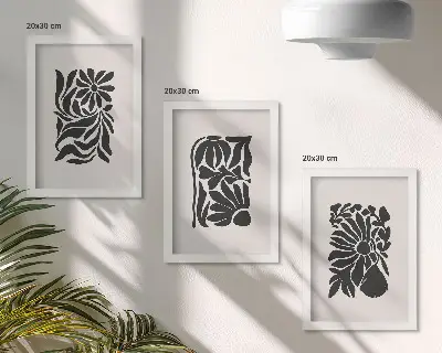 Abstraktné rastlinné vzory v odtieňoch čiernej triptych v ráme