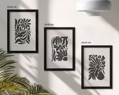 Triptych v ráme Abstraktné rastlinné vzory v odtieňoch čiernej