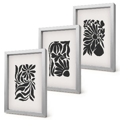 Triptych v ráme Abstraktné rastlinné vzory v odtieňoch čiernej