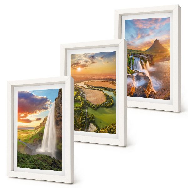 Triptych v ráme Vodopády, horská krajina a rieky pri západe slnka