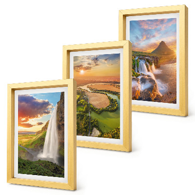 Triptych v ráme Vodopády, horská krajina a rieky pri západe slnka