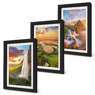 Triptych v ráme Vodopády, horská krajina a rieky pri západe slnka
