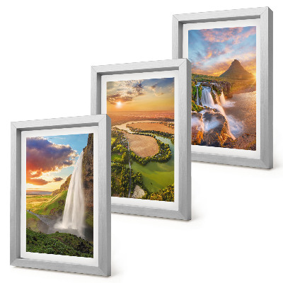 Triptych v ráme Vodopády, horská krajina a rieky pri západe slnka