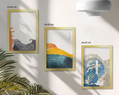 Vlny v japonskom grafickom štýle triptych v ráme