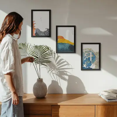 Vlny v japonskom grafickom štýle triptych v ráme