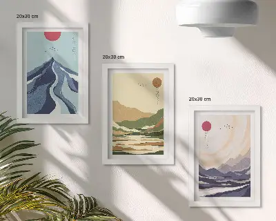 Triptych v ráme hory v pastelových farbách v štýle Japandi