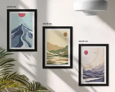 Triptych v ráme hory v pastelových farbách v štýle Japandi