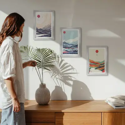 Japonské abstraktné horské krajiny triptych v ráme