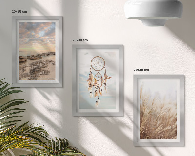 Triptych v ráme Výhľad na more s oblakmi, lapačom snov a trávou