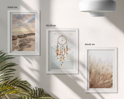 Triptych v ráme Výhľad na more s oblakmi, lapačom snov a trávou