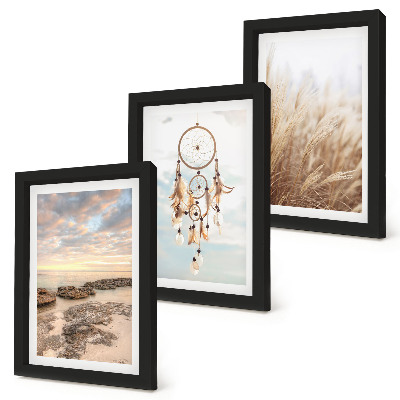 Triptych v ráme Výhľad na more s oblakmi, lapačom snov a trávou