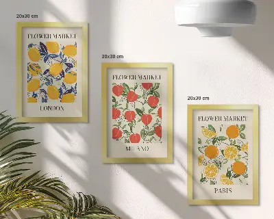 Kvetinové plagáty Londýn, Miláno a Paríž triptych v ráme