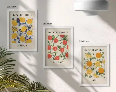 Kvetinové plagáty Londýn, Miláno a Paríž triptych v ráme