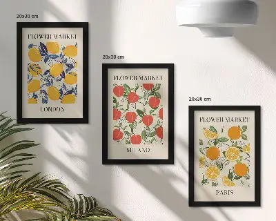 Kvetinové plagáty Londýn, Miláno a Paríž triptych v ráme