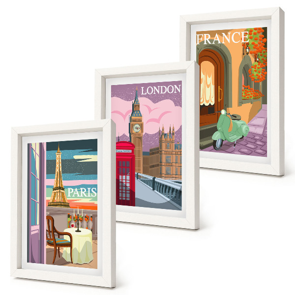 Triptych v ráme Retro mestské scenérie Paríža, Londýna a Francúzska