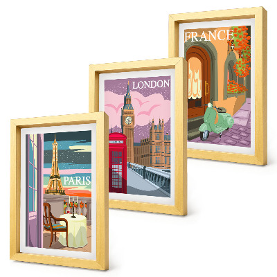 Triptych v ráme Retro mestské scenérie Paríža, Londýna a Francúzska