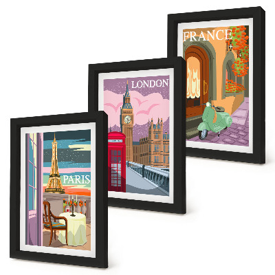 Triptych v ráme Retro mestské scenérie Paríža, Londýna a Francúzska