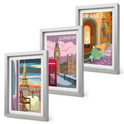 Triptych v ráme Retro mestské scenérie Paríža, Londýna a Francúzska