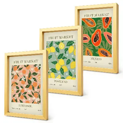 Citrusové a tropické ovocie v retro štýle triptych v ráme