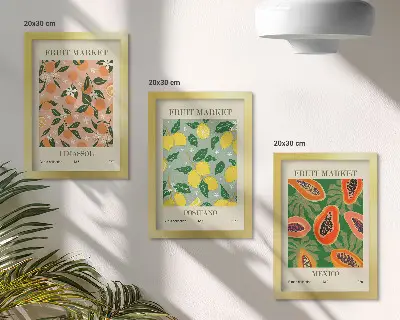 Citrusové a tropické ovocie v retro štýle triptych v ráme