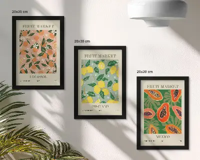 Citrusové a tropické ovocie v retro štýle triptych v ráme