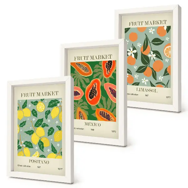 Triptych plagátov s ovocím a kvetmi citróny, papáje a mandarínky v ráme
