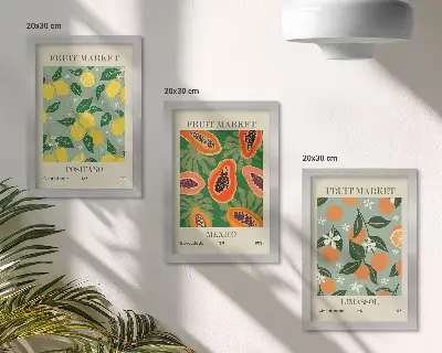 Triptych plagátov s ovocím a kvetmi citróny, papáje a mandarínky v ráme