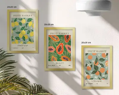 Triptych plagátov s ovocím a kvetmi citróny, papáje a mandarínky v ráme