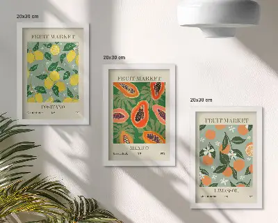 Triptych plagátov s ovocím a kvetmi citróny, papáje a mandarínky v ráme