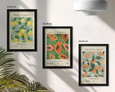 Triptych plagátov s ovocím a kvetmi citróny, papáje a mandarínky v ráme