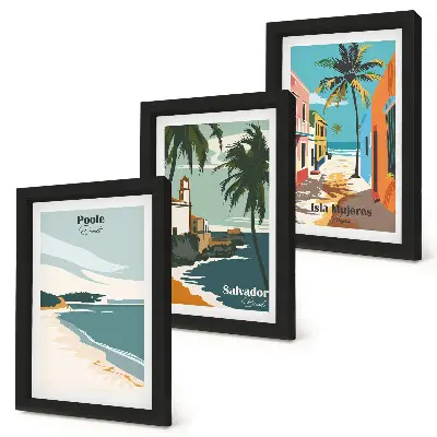 Tropické krajiny s plážami a palmami triptych v ráme
