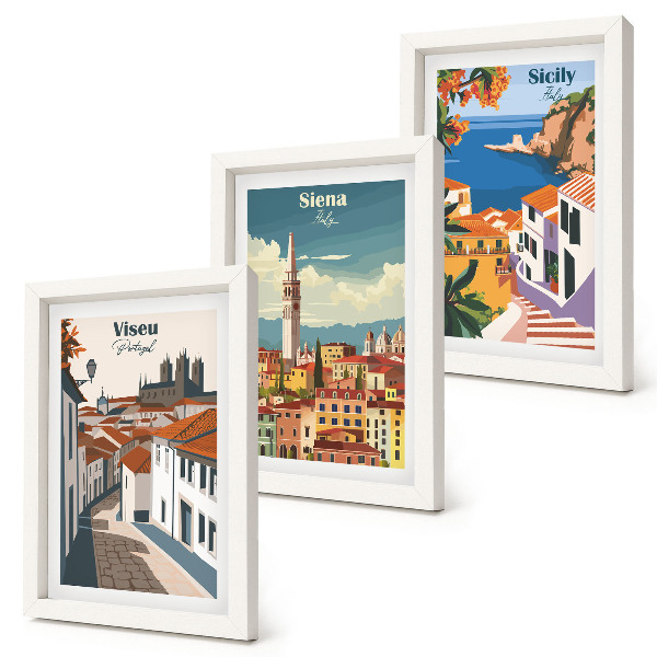 Triptych v ráme Retro ilustrácie slávnych miest z celého sveta
