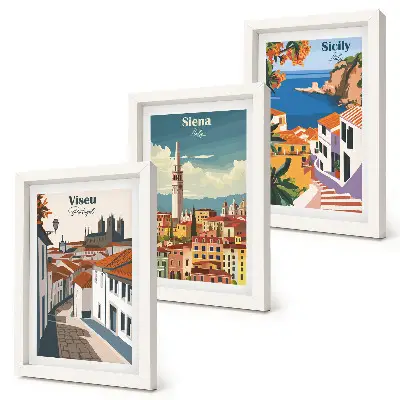 Retro ilustrácie slávnych miest z celého sveta triptych v ráme