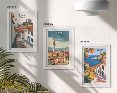 Triptych v ráme Retro ilustrácie slávnych miest z celého sveta