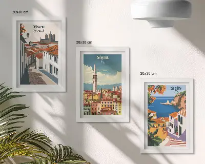 Retro ilustrácie slávnych miest z celého sveta triptych v ráme