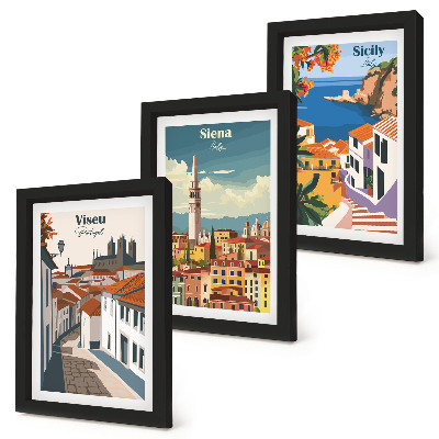 Triptych v ráme Retro ilustrácie slávnych miest z celého sveta