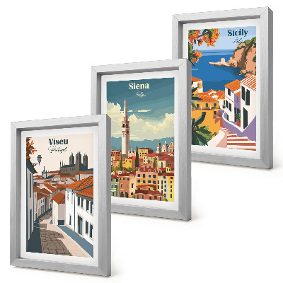 Triptych v ráme Retro ilustrácie slávnych miest z celého sveta