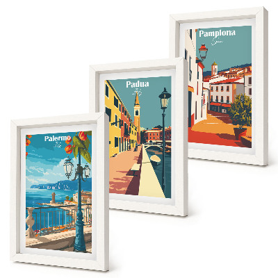 Triptych v ráme Populárne mestá v retro ilustračnom štýle