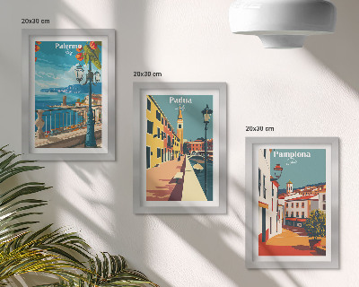 Triptych v ráme Populárne mestá v retro ilustračnom štýle